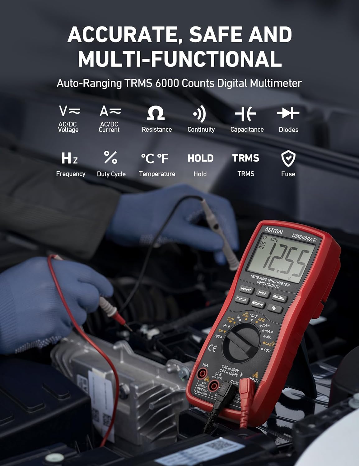 AstroAI Digital Multimeter TRMS 6000 Counts Volt Meter Ohmmeter Auto-Ranging Tester; Accurately Measures Voltage Current Resistance Diodes Continuity Duty-Cycle Capacitance Temperature, Black - Image 2