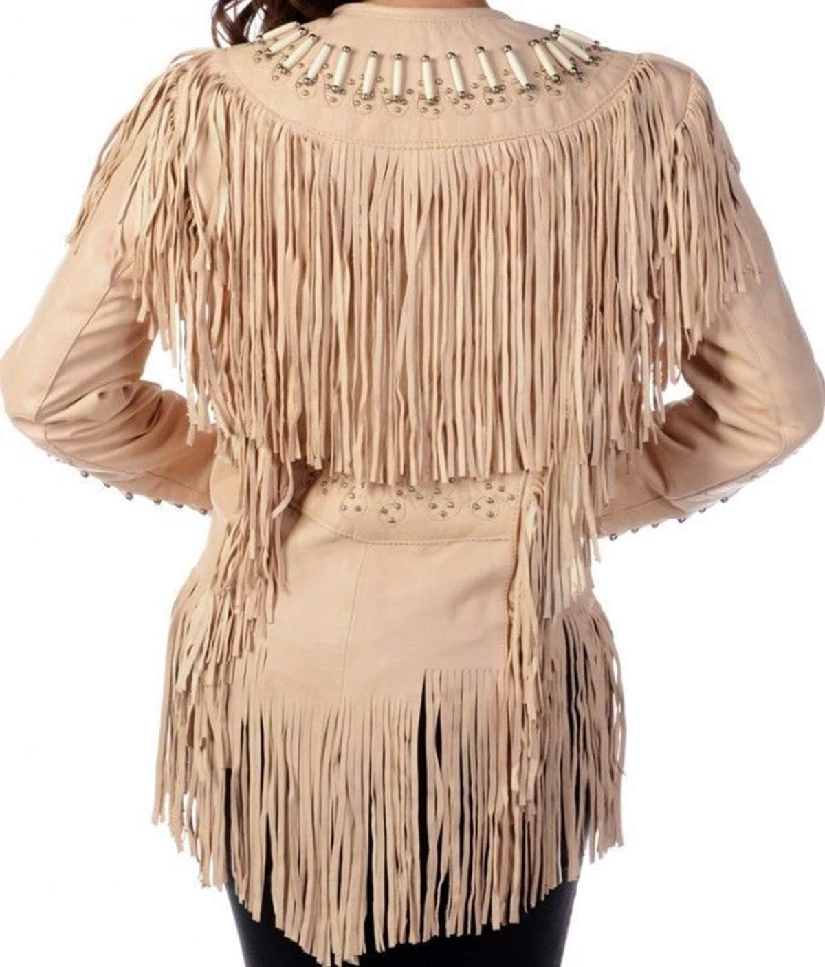 Womens Western Wear Cowgirl Native American Indians Fringe Beads Bone Cream Leather Jacket Coat