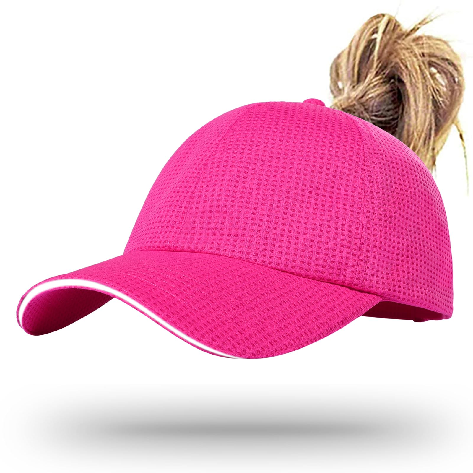 ZTL Womens High Ponytail Baseball Cap Performance Mesh Hat, Lightweight & Quick Drying Race Day Running Hat with Reflective Trim Hot Pink