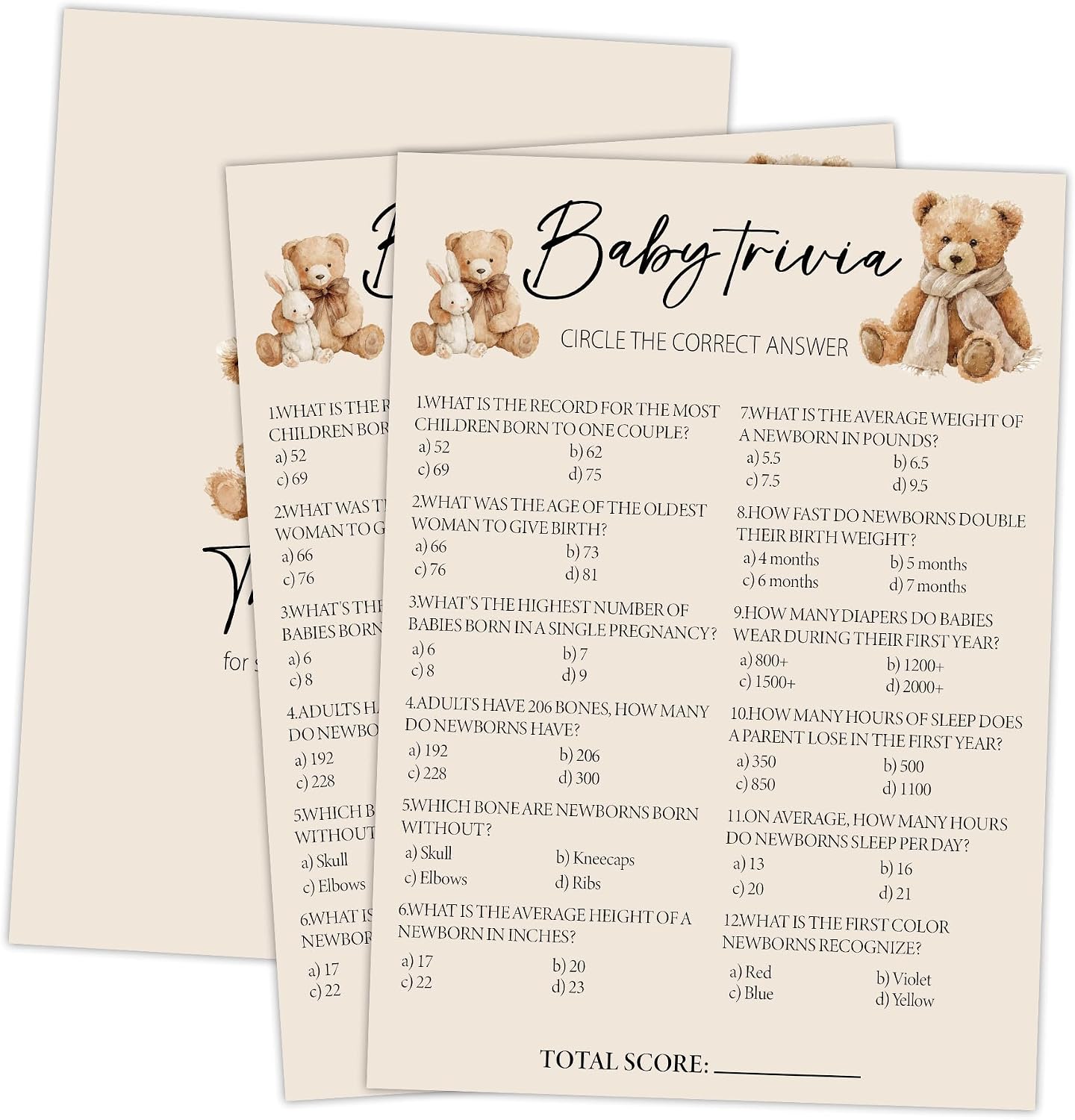 Baby Trivia Party Cards-Gender Reveal Games for Baby Shower-Set of 30, Cute Bear Themed, Fun Predictions Game for Guests, Filled Activity Cards-5 x 7 Inch