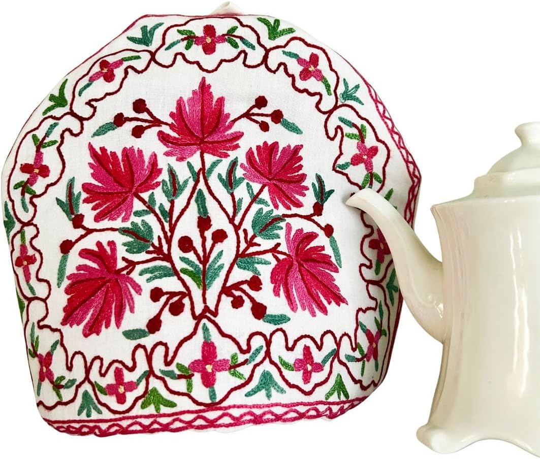 Kashmiri Embroidered Tea Cozy Handcrafted Insulated Teapot Cover | Cream & Multicolor Wool Embroidery (Pink)