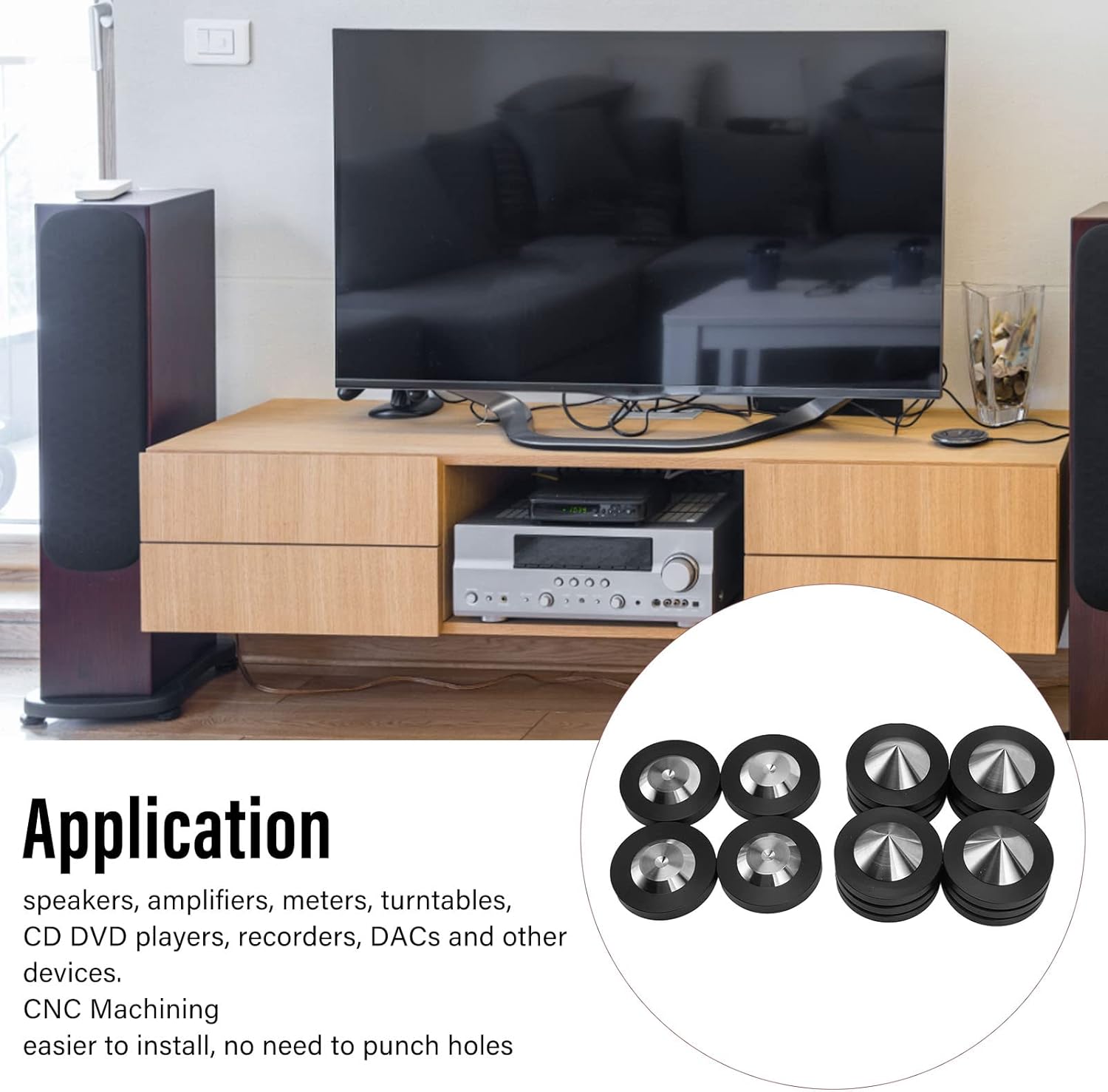 4Pcs Speaker Spike Isolation Feet Pads, HiFi Turntable Isolation Feet for CD DVD Players Amplifiers Recorders, Stainless Steel and POM Vibration Damping Pads with Spikes for Audio
