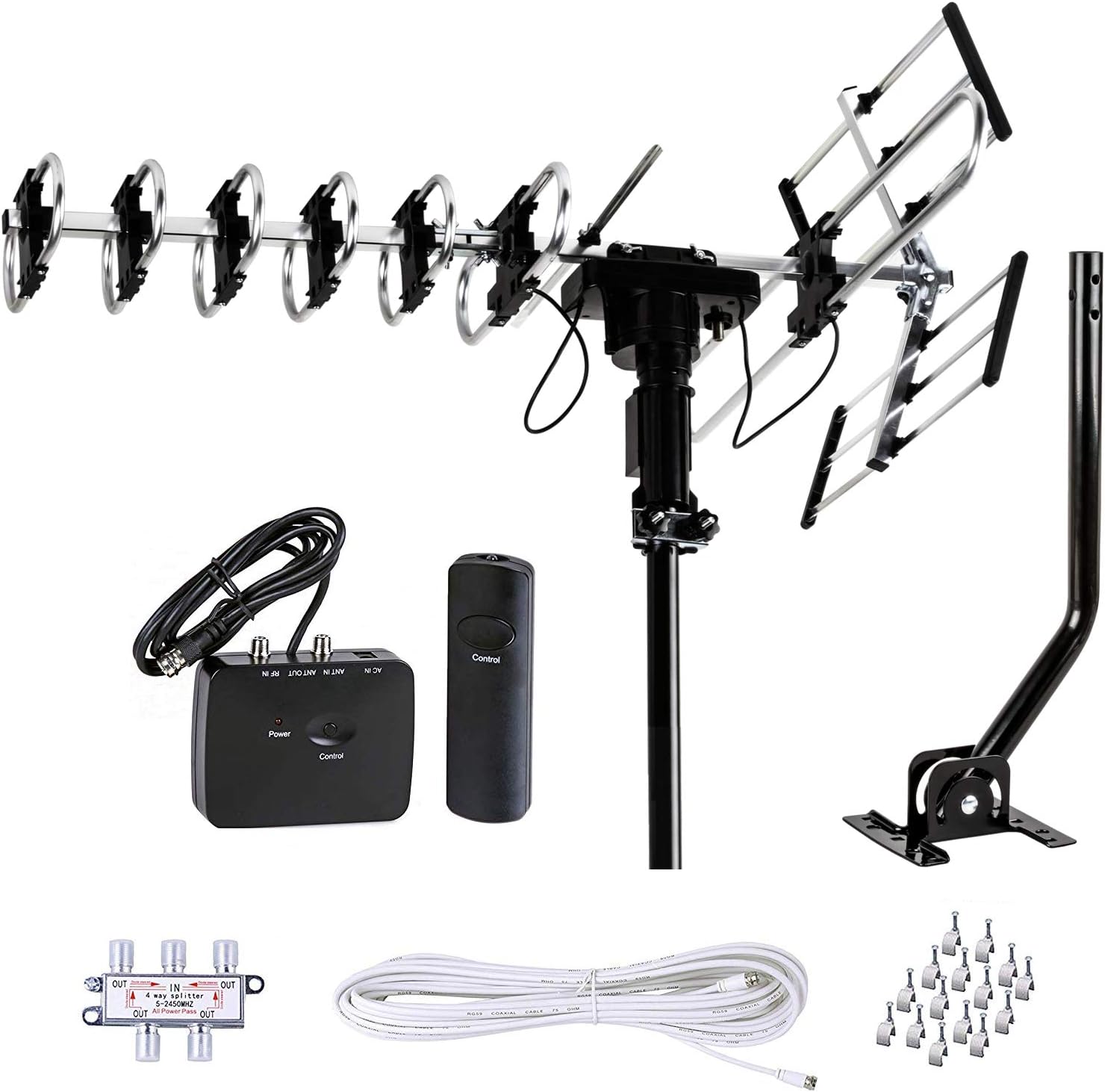 Five Star Outdoor Antenna HD TV 200 Miles Range with Motorized 360° Rotation, UHF/VHF/FM Radio with Infrared Remote Control Plus Installation Kit & Mounting Pole