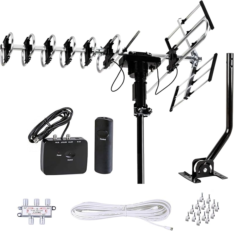 Five Star Outdoor Antenna HD TV 200 Miles Range with Motorized 360° Rotation, UHF/VHF/FM Radio with Infrared Remote Control Plus Installation Kit & Mounting Pole