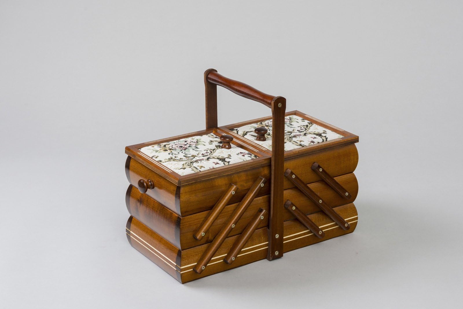 Large wooden sewing box with pin cusioned lid