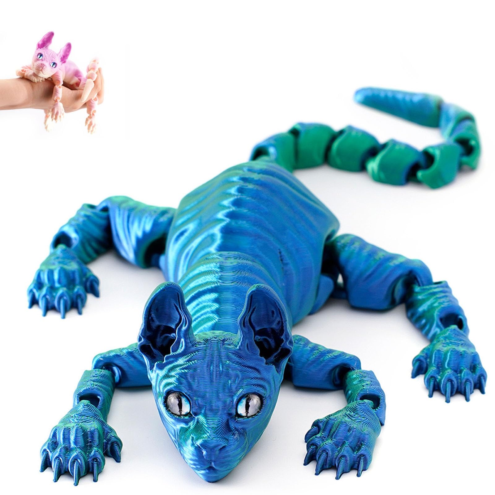 Mystic Meow – 3D Guardian Cat, 3D Printed Cute Hairless Cat, Realistic Flexible Articulated Joints Animal Figurine, Gifts for Cats Lovers, Fantasyfans and Creatives(Laser Green,30cm)