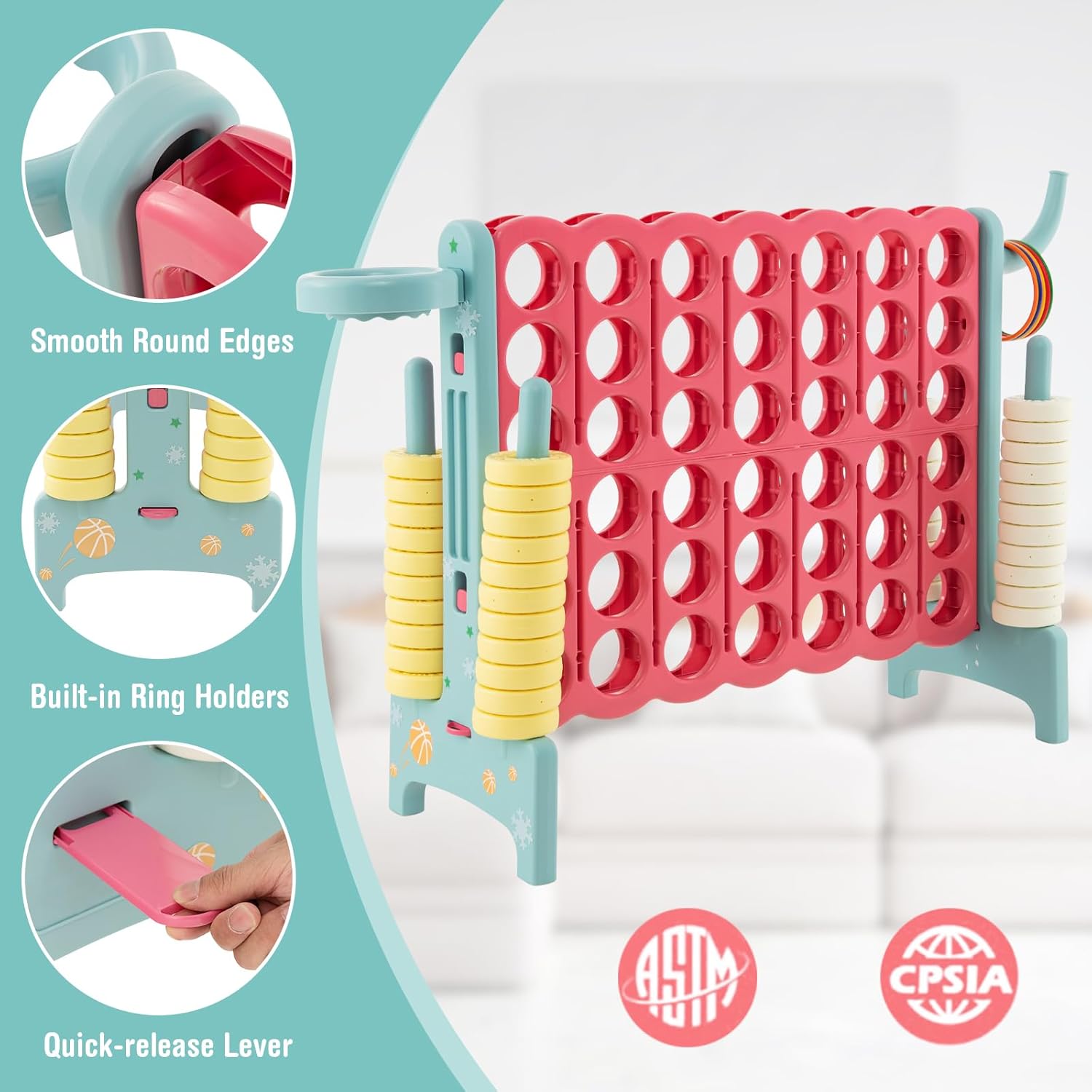 HONEY JOY Jumbo 4-to-Score Giant Game Set, 3-in-1 Indoor Outdoor Family Yard Game Set w/Basketball Hoop & Ring Toss, 42 Jumbo Rings, Quick-Release Slider, Giant 4-in-A-Row for Kids & Adults