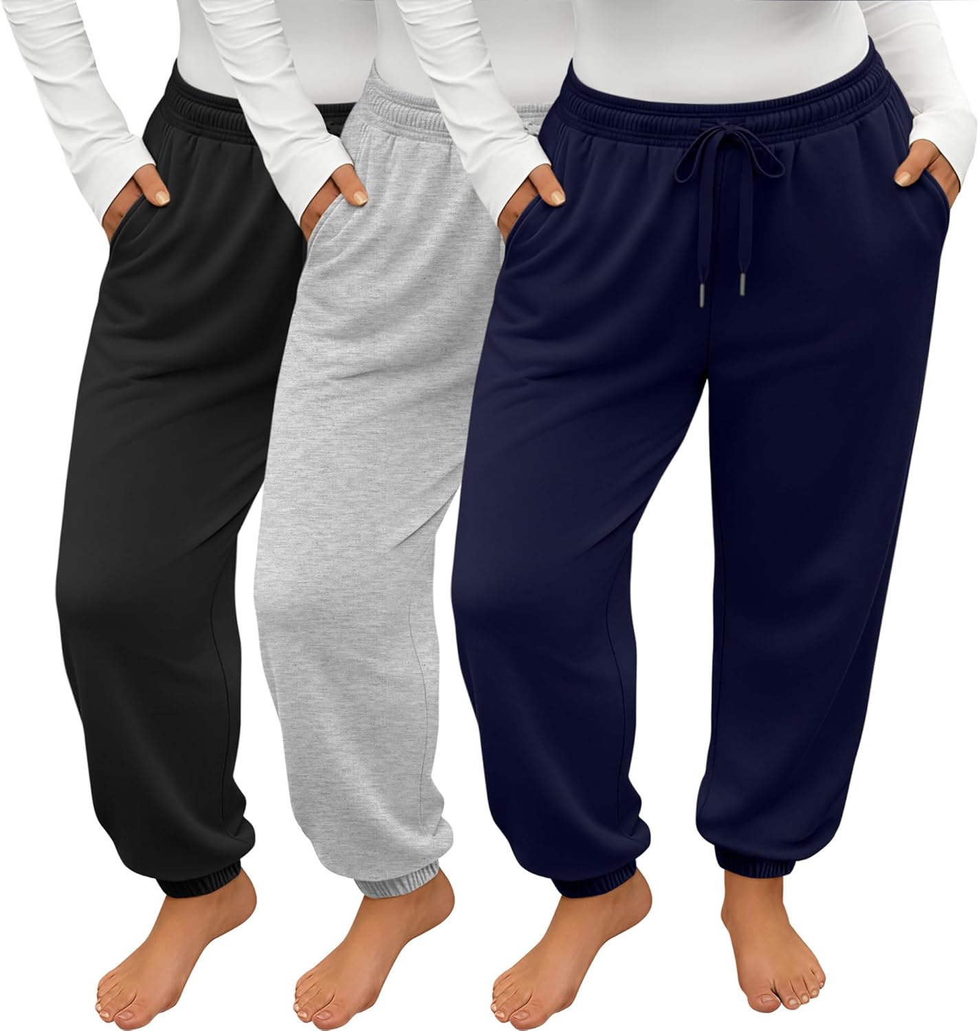3 Pack Women's Plus Size Joggers, Drawstring Loose Fit Sweatpants Comfy Casual Lounge Pants with Pockets