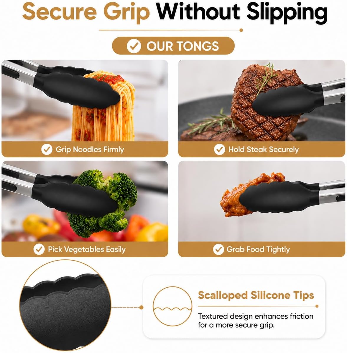 Kitchen Tongs Set, 3 Pack(7+9+12") Cooking Tongs with Locking Mechanism, Stainless Steel Body Food Tongs with Silicone Tips Tong for Cooking, Serving, Air Frying, Nonstick Cookware Safe