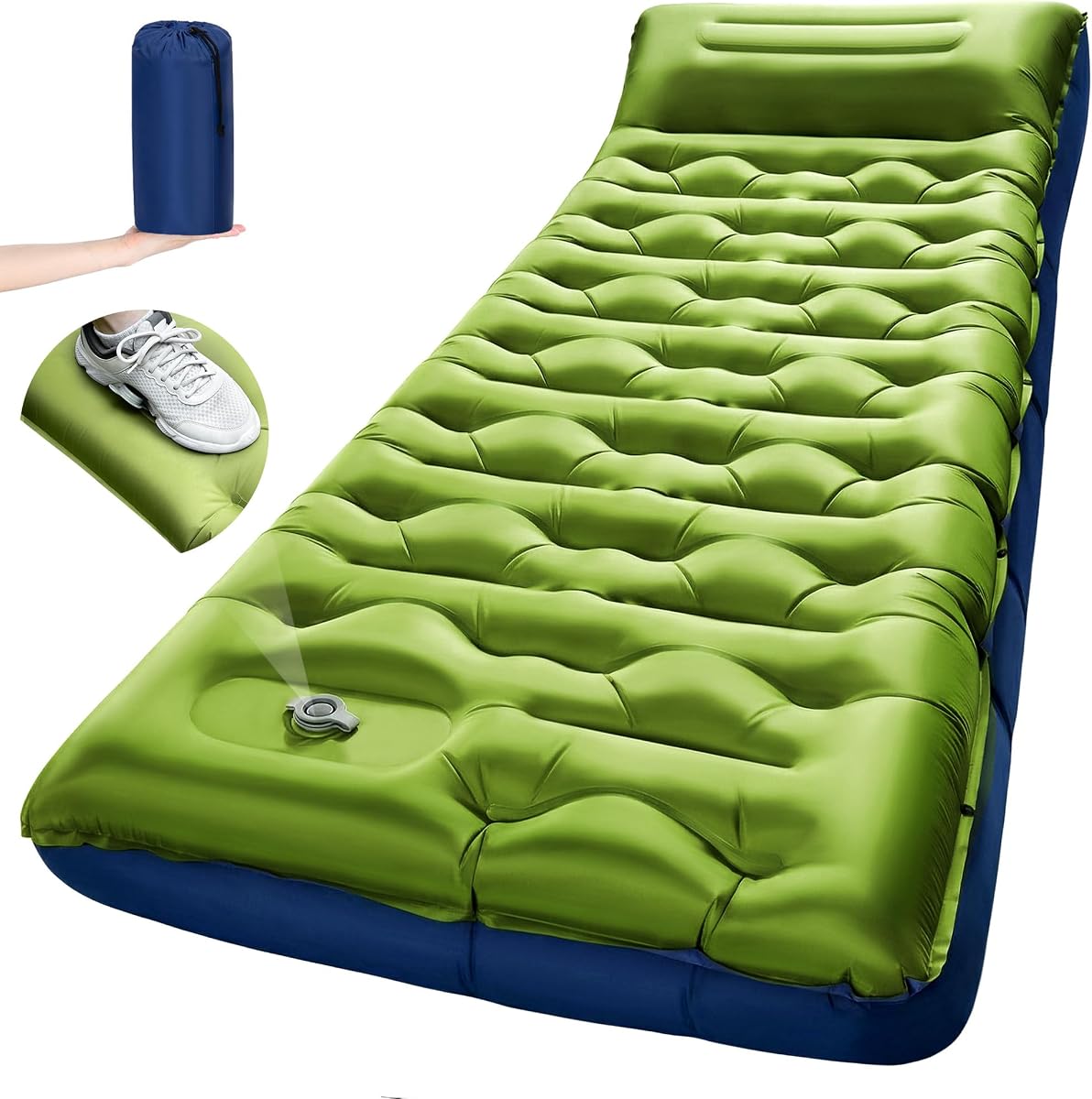 Camping Sleeping Pad,5.9 Inch Thick Camping Mat with Built in Pillow and Foot Pump,Self Inflating Sleeping Pad for Camping Backpacking（Green