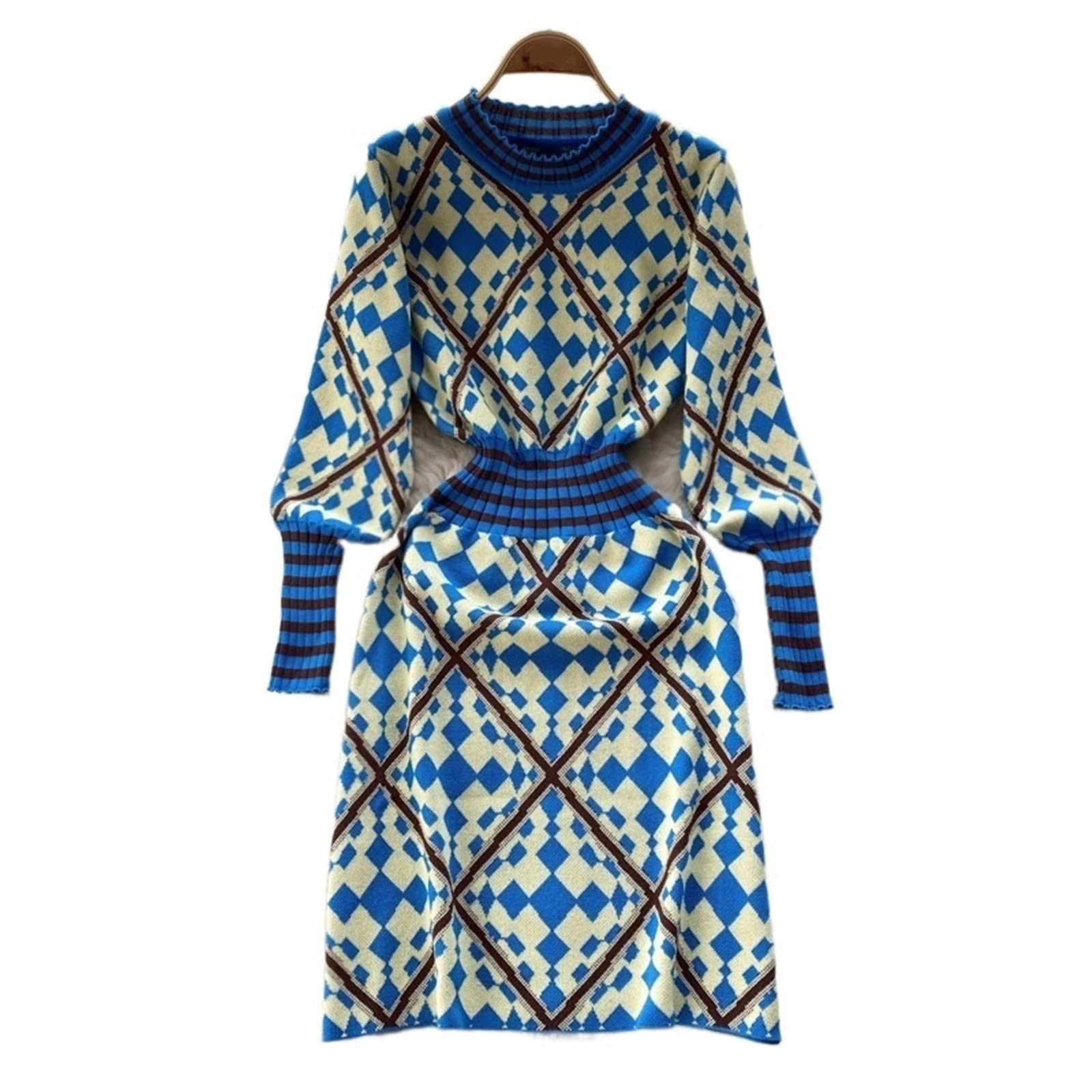 INGVY Women's Long Sleeve Sweaters CHECK KNIT DRESS WINTER CREW NECK STRETCH FITTED A-LINE MID LENGTH DRESS WARMTH THICK SWEATER DRESS