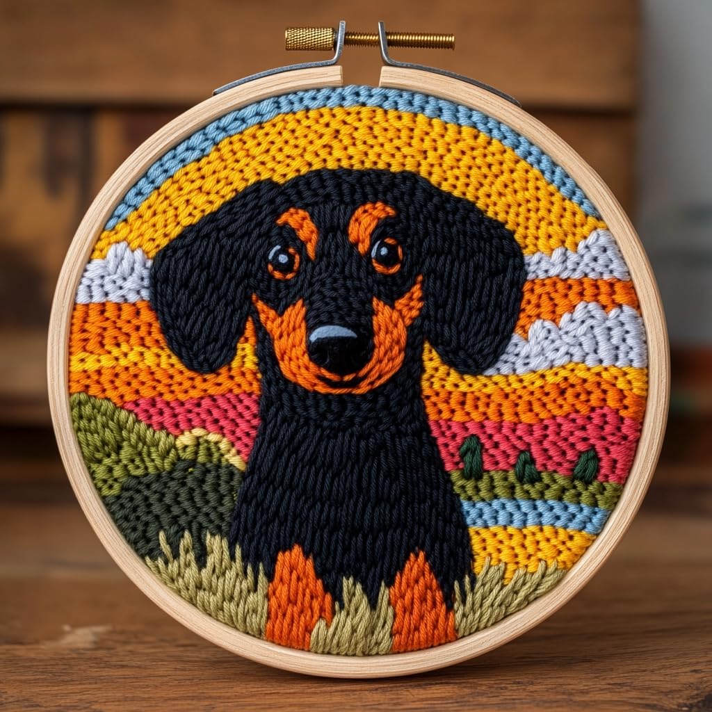 DIY Punch Needle Kits for Beginners Cute Black Dachshund with Sunset with Hoop Embroidery Punch Needle Starter Craft Set Easy for Adults and Children Festival Gift and Decoration 20x20cm-2 โ image 1