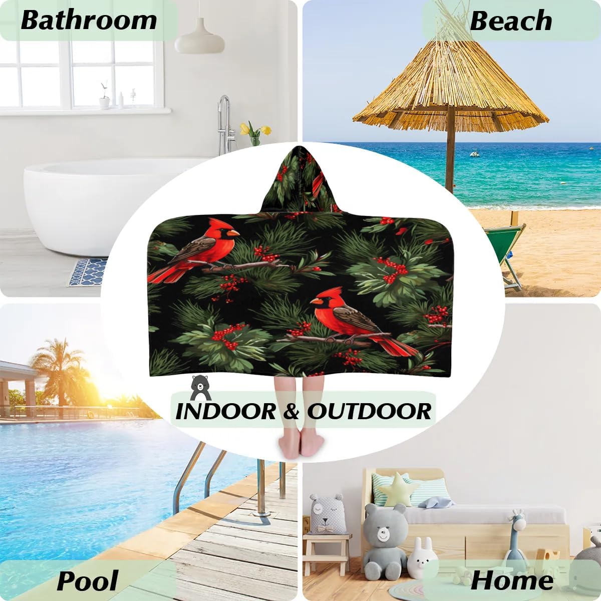 Kid Bath Towels Cardinal Bird Branch Kids Towel with Hood for Girls Boys Beach Towel Pool Cover Up Soft Absorbent Toddler Hooded Bath Towel for Shower, Beach