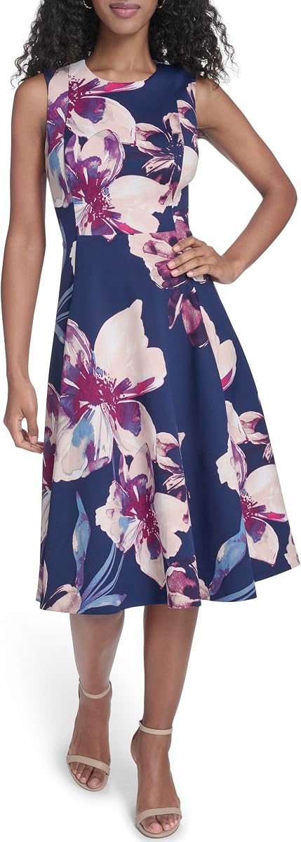 Vestido con vuelo y estampado floral sin mangas de Calvin Klein