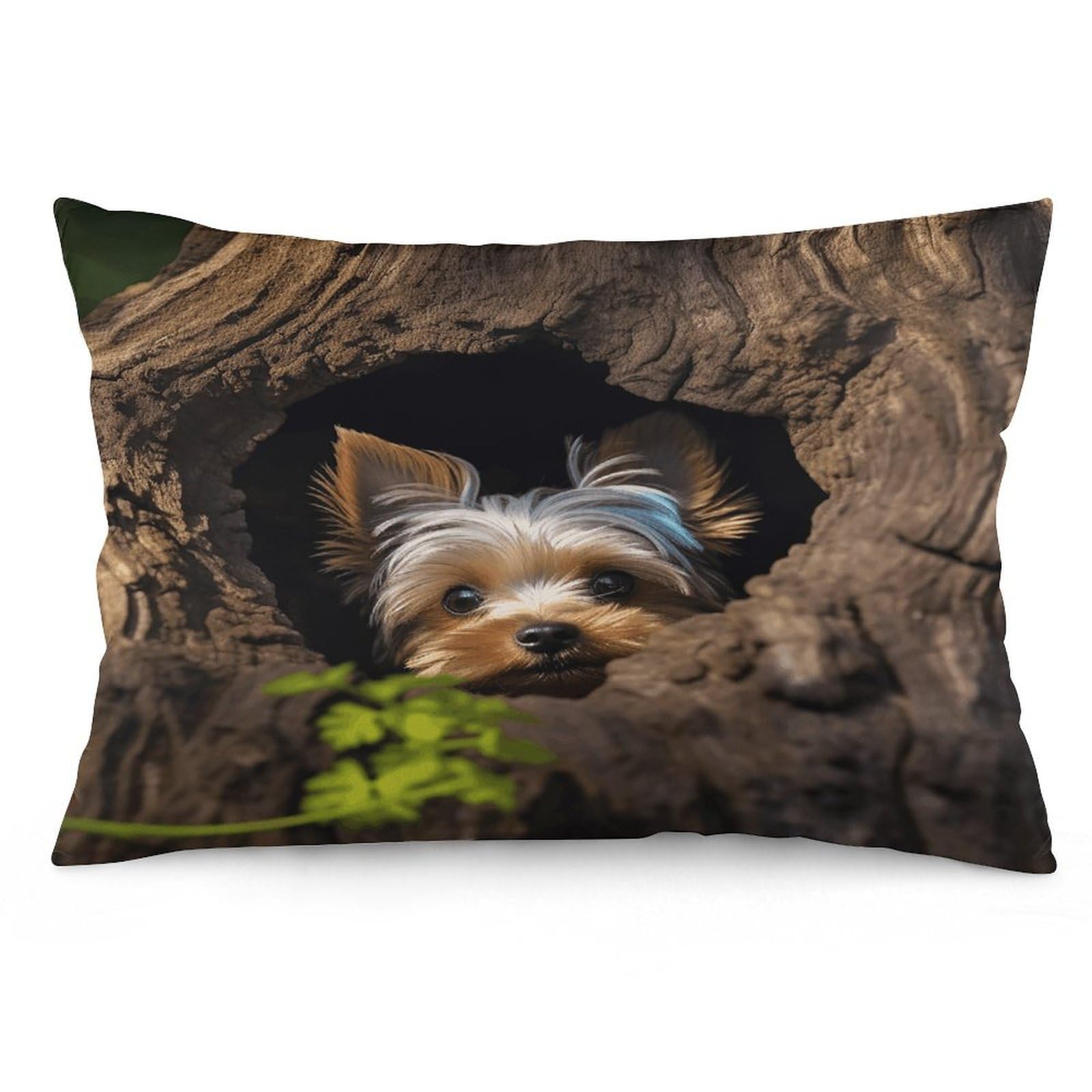 A Little Yorkshire Terrier Nestled in A Tree Hole Throw Pillow Cover Soft Pillow Case Decorative Lumbar Pillow Cover Cozy Throw Pillowcase Polyester Rectangular Cushion Case Decor for Couch Sofa Bed