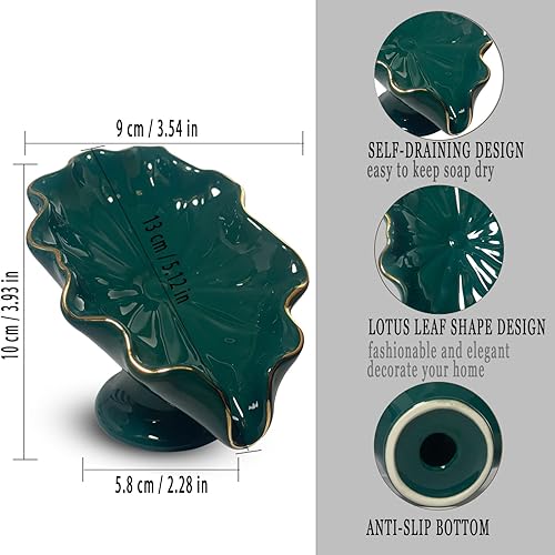 Miniatura 6 de Jabonera de baño verde, soporte de jabón de hoja de loto, jabonera de cerámica para encimera, soporte de jabón autodrenante (verde)