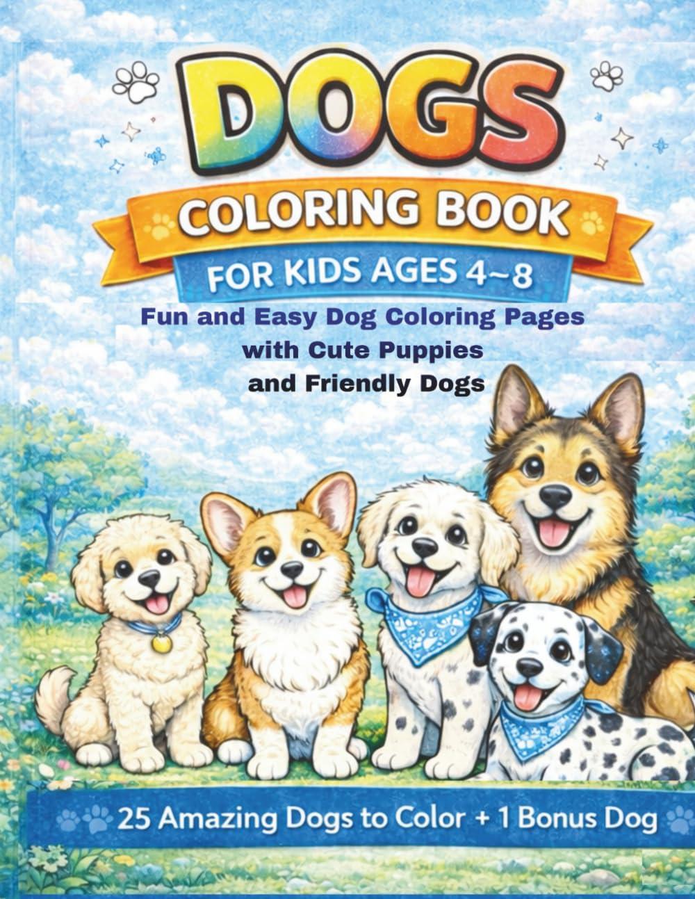 Dogs Coloring Book for Kids Ages 4–8: Fun and Easy Dog Coloring Pages with Cute Puppies and Friendly Dogs 25 Amazing Dogs to Color + 1 Bonus Dog