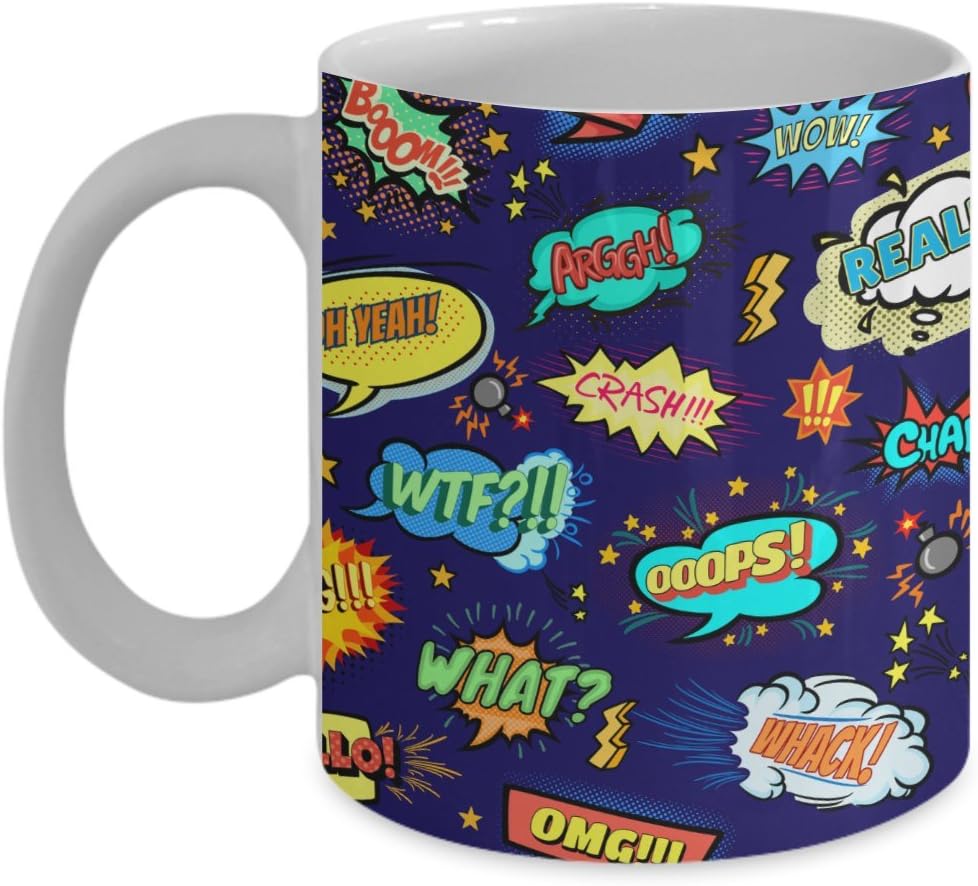Coffee Mug Pop Art Speech Bubbles - Ceramic Cup - Action Words - Exclamations - Drama - Multi-colored