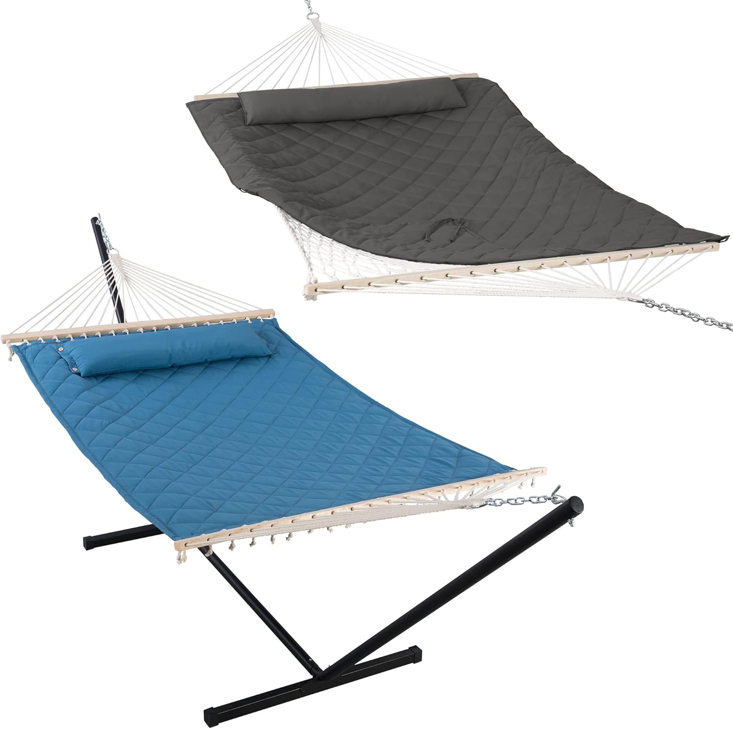 ANOW Two Person Hammock with 12FT Steel Stand, Rope Hammock with Grey Pad and Pillow, 450 LBS Weight Capacity