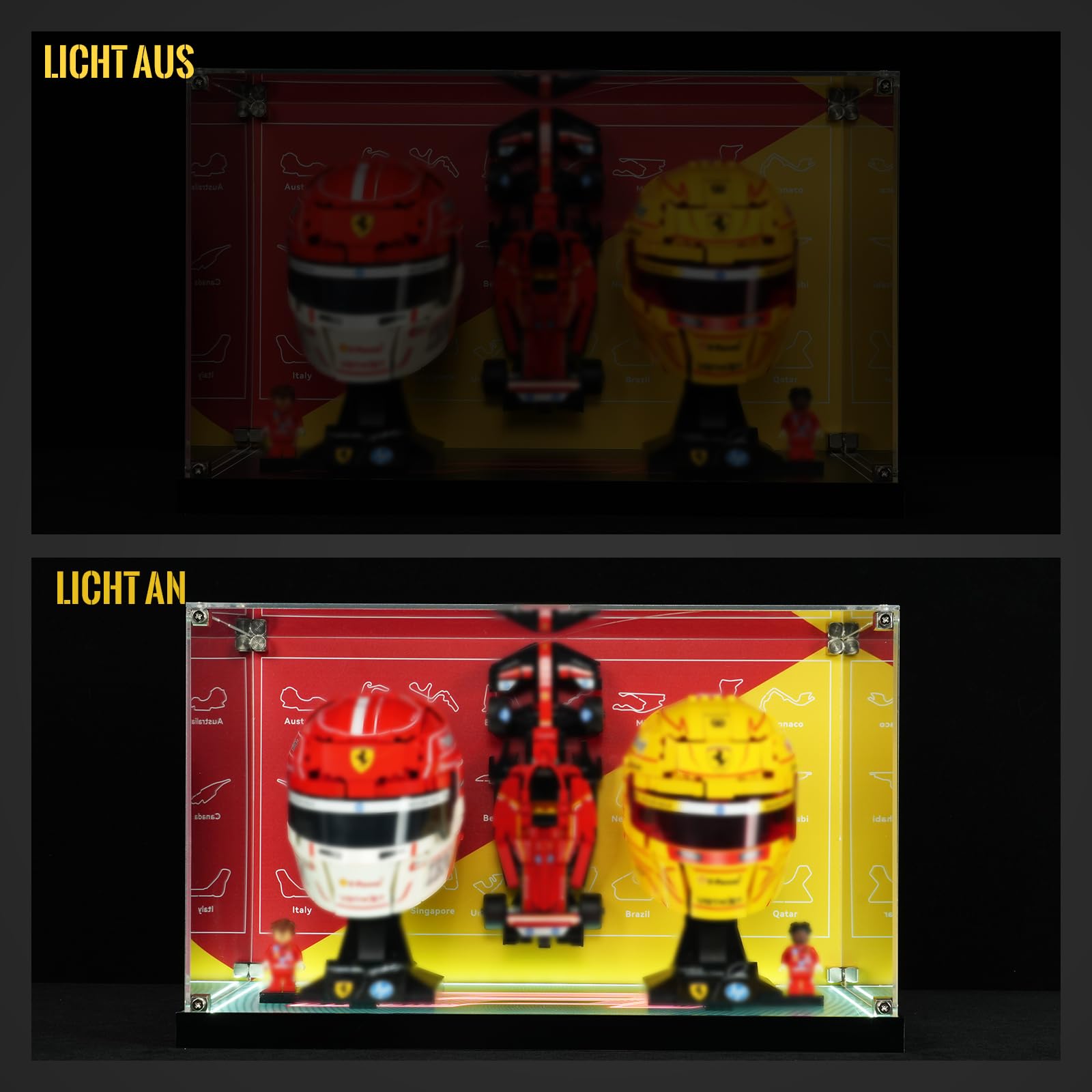 Vetrina 3 in 1 compatibile con Lego Speed Champions F1 Racing Cars 77242 e caschi 43014 + 43022 (senza modello), alimentata tramite USB, con luci a LED, per collezione di modelli di auto da corsa