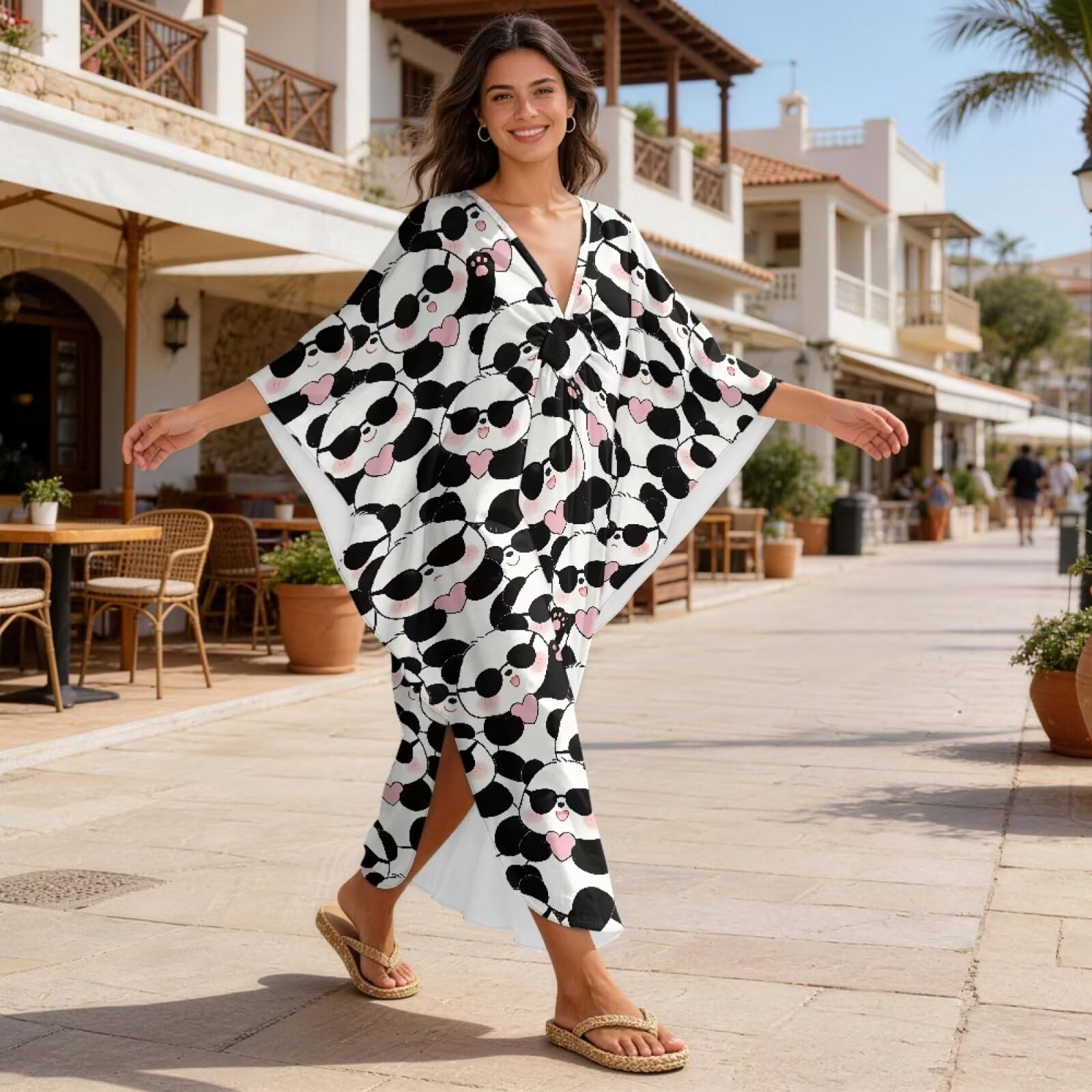 Abito caftano da donna con scollo a V, maniche a pipistrello, abito caftano leggero e morbido, copricostume da bagno per spiaggia estiva