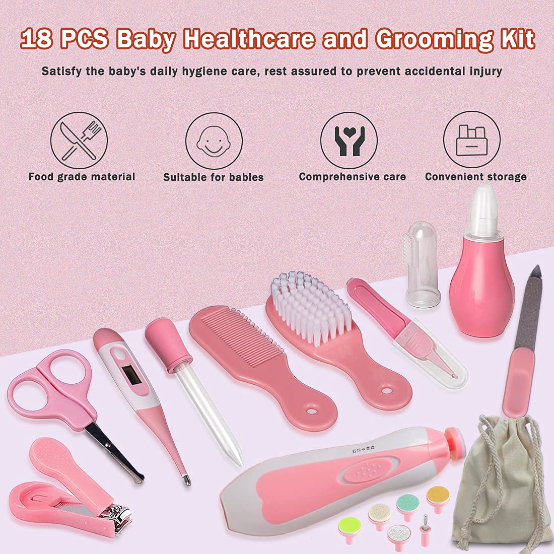 Baby Healthcare and Grooming Kit, 18 in 1 Deluxe Portable Newborn Nursery Health Care Kit Baby Essentials W/Baby Electric Nail Trimmer Set, Baby Thermometer, Medicine Dispenser, Baby Comb, etc (Pink) : Baby