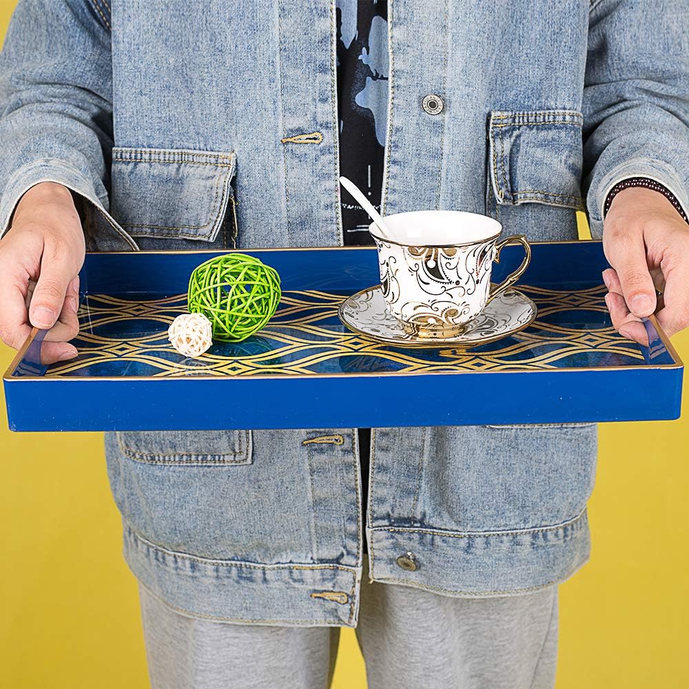 MAONAME Blue Decorative Tray with Handles, Plastic Serving Tray for Coffee Table, Marbling Rectangular Tray for Ottoman, Bathroom, Storage, 15.7" Lx 10.2" W X 1.57" H