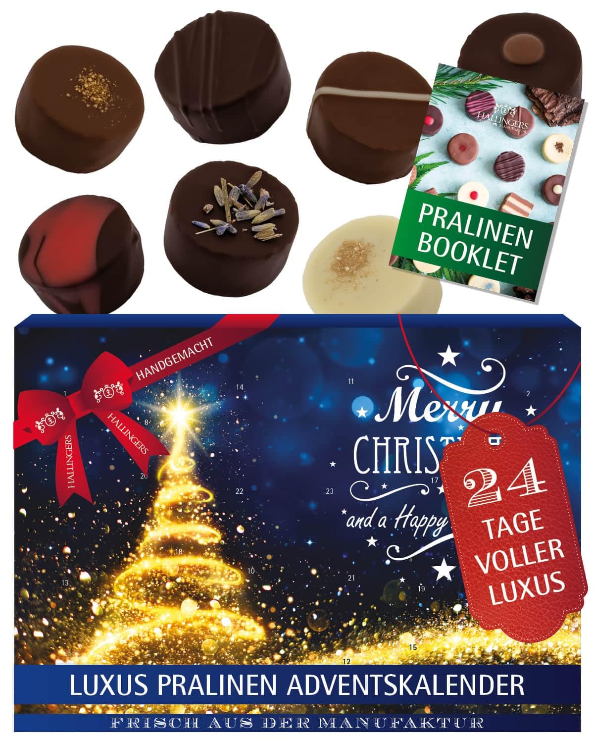 Hallingers Genuss Manufaktur Pralinen Adventskalender - mit & ohne Alkohol, handmade aus Confiserie-Edelkakao in wertigem Softfeel-Karton 