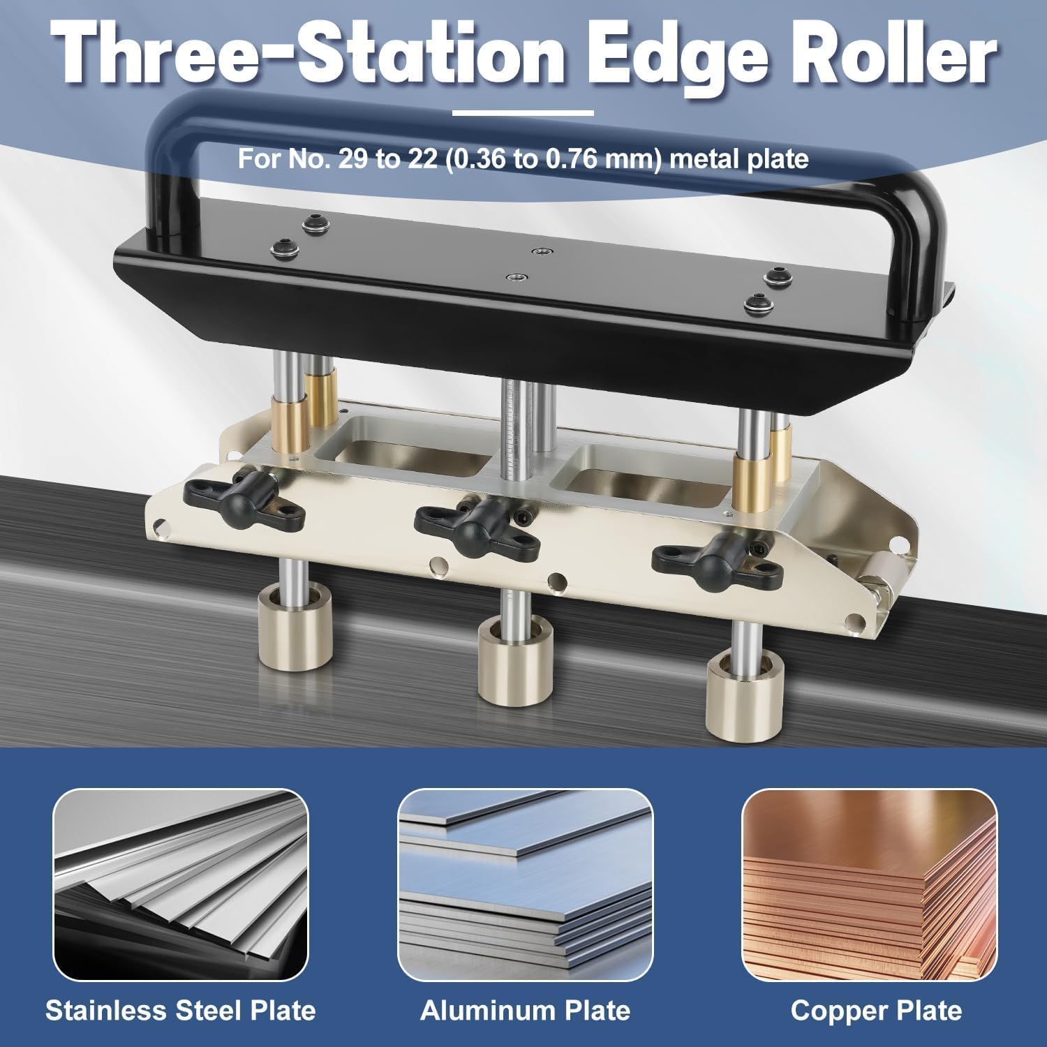 Three-Station Edge Roller Bender, 0-90° Bending Angle, Hand Tools Standing Seam Roofing Tools Adjustable for Making 5/8" to 4" (16 to 102 MM) Bends in 29 to 22-Gauge Steel (Silver)