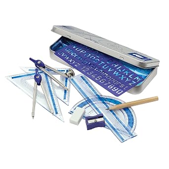 STAEDTLER 10-Piece Math Set with Metal Compass, 6 Ruler & Triangle Squares, 45 & 30/60 Set Squares, Alphabet Stencil - Measuring Tools