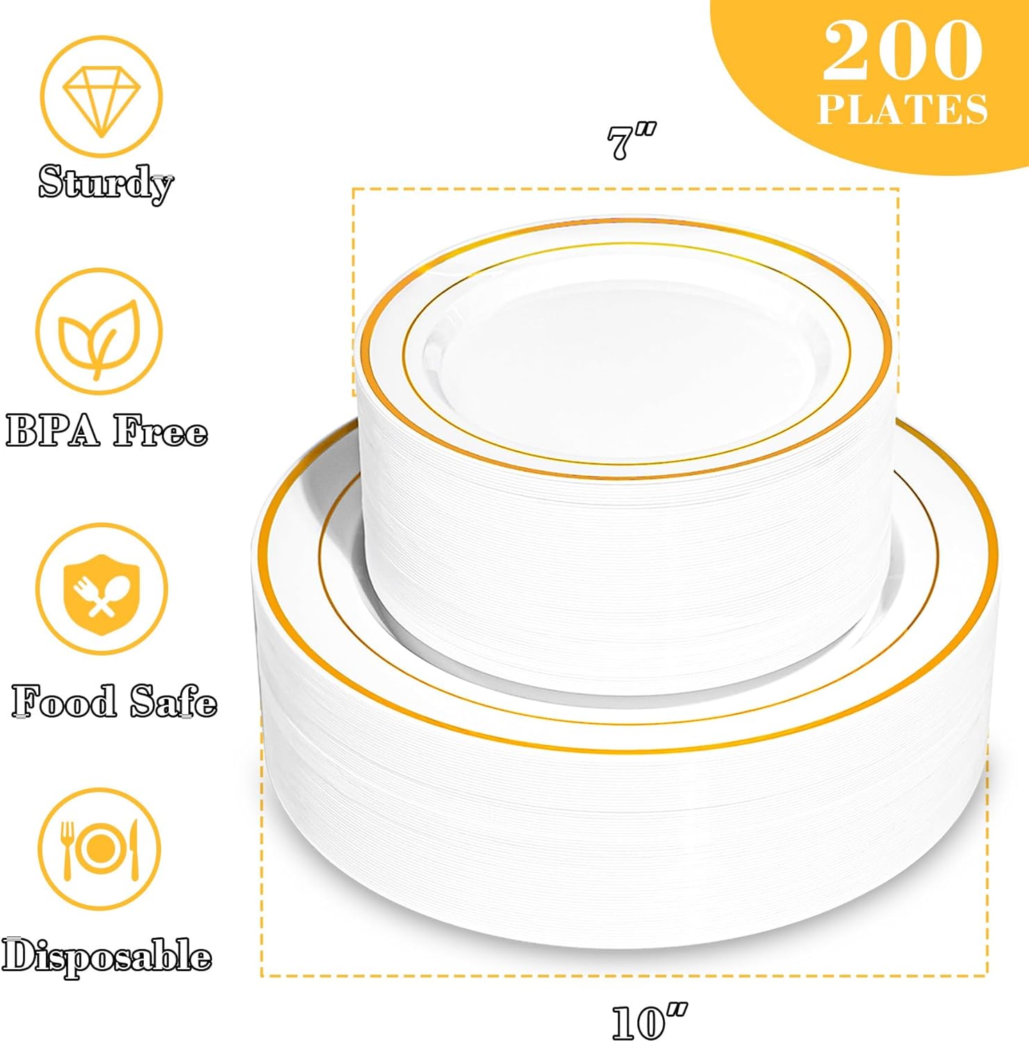 200PCS Gold Plastic Plates, Disposable Party Plates with Gold Rim, Include 100 Dinner Plate and 100 Elegant Dessert Plate for Party and Wedding - Image 2