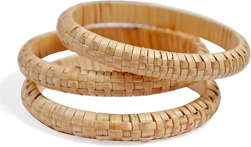 Pure Hands Eco-Svelte - Juego de 3 pulseras naturales de ratán medio redondo de ancho estrecho para mujer Brazalete de caña de bambú tejido a mano