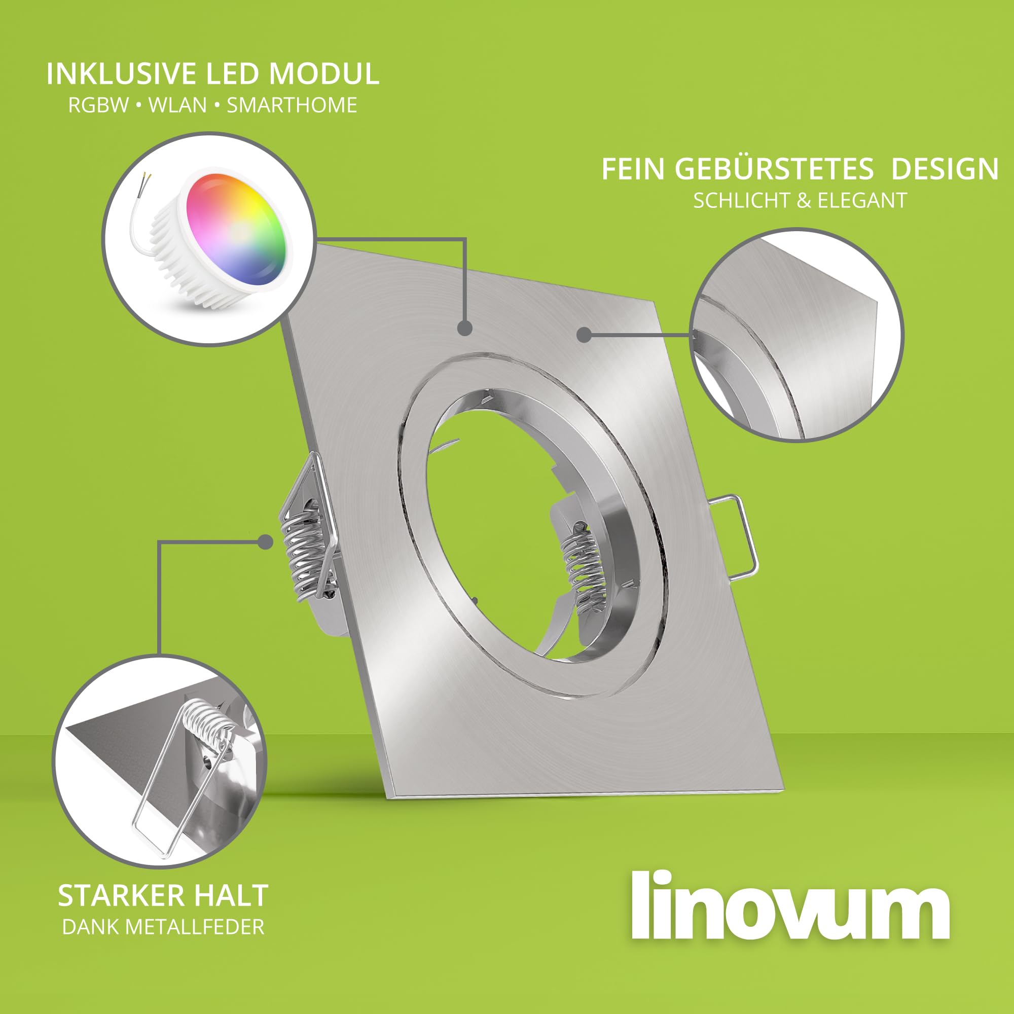 linovum Einbauspot 4er Set silber eckig Smart LED WLAN RGBW App flach 36mm | Vier smarte Einbauspots eckig Alu gebürstet - per App & Alexa steuerbar, RGB & Weißtöne, tauschbar, für Wohnräume