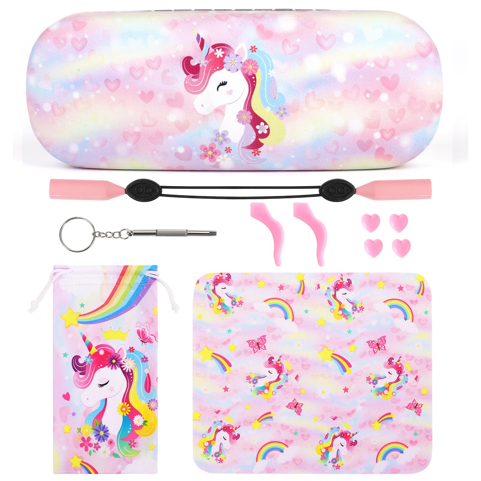 Unicorno Custodia Occhiali Rigida Bambina,Custodia Occhiali Morbida Cordino Ferma Occhiali Custodia Portatile per Ragazza Viaggio Studio