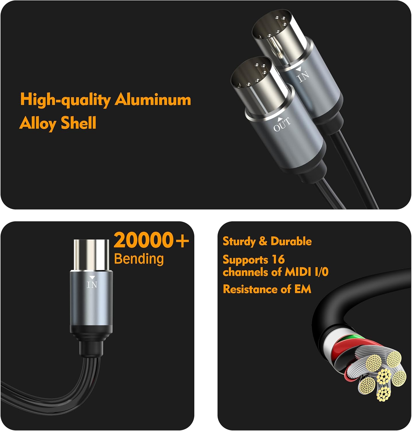 Close-up of the HOSONGIN MIDI cable's durable aluminum alloy connectors and internal wiring, highlighting its robust construction.