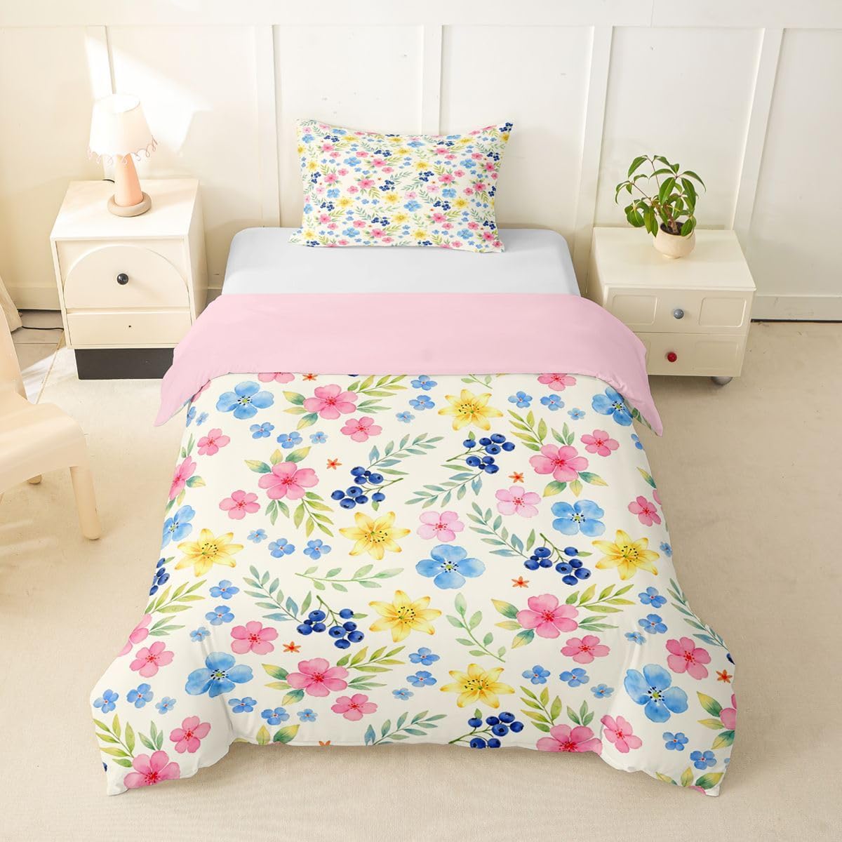 Erosebridal Daisy Butterfly Duvet Cover Toddler Size | Watercolors Bedding Set for Kids Boys Girls Princess Cute Butterflies Comforter Cover Girly Flower Bedclothes