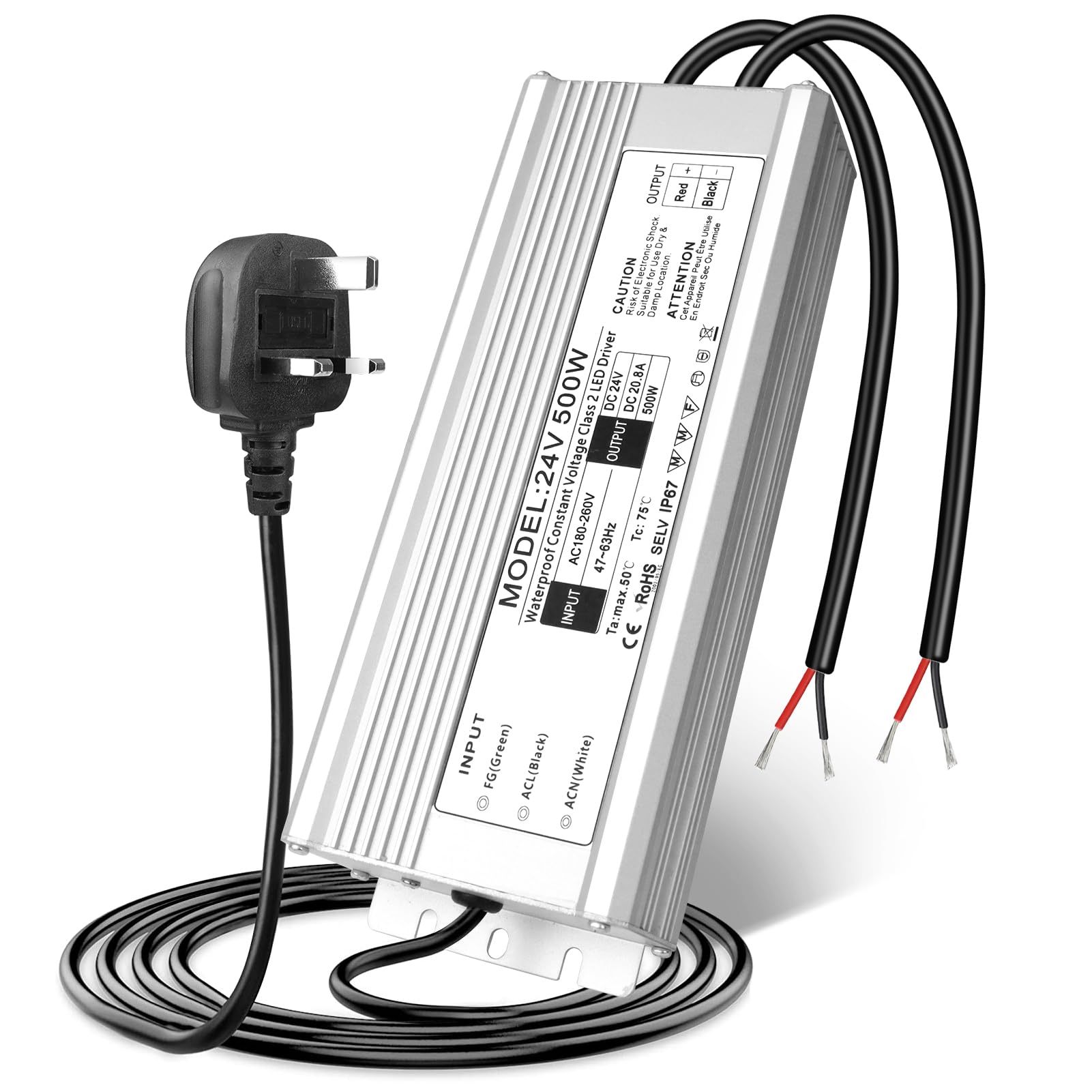 LightingWill 24V Waterproof Power Supply 20.83A 500W, AC 110/220V to DC 24V Regulated Switching Converter, Outdoor LED Transformer Driver for Strip Light, CCTV, 3D Printer, Radio, Project