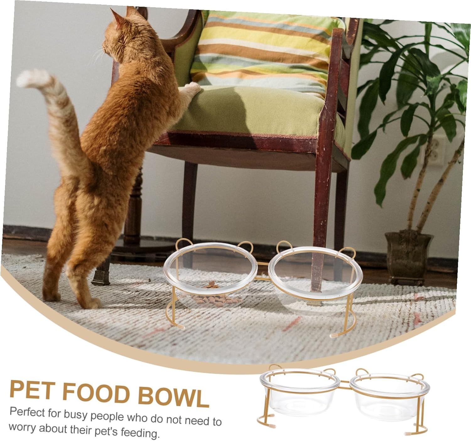 Generic Raised Glass Cat Food Bowl with Nonslip Iron Stand Double Pet Bowls for Cats and Dogs Food Grade Safe Materials Stable Design for Indoor Use Easy to Clean and Bite Resistant