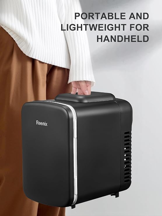 Mini Fridge 4 Litre, 6 Can Portable AC+DC Power Cooler & Warmer, Portable Small Fridge for Bedrooms, Cars, Offices; Skincare, Makeup, Cosmetics, Food (Black, 4L)