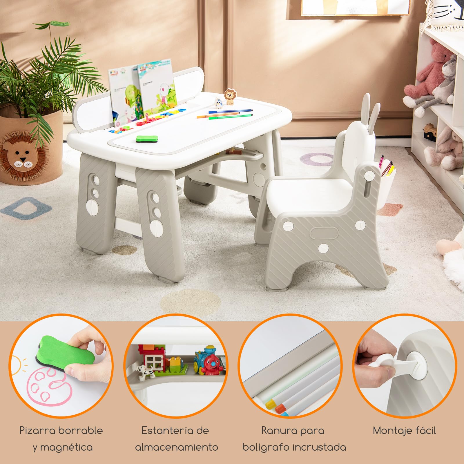 COSTWAY Juego de Mesa y Silla para Niños, Mesa de Arte Infantil con Silla y Estante, Tapa Abatible, Pizarra Magnética Borrable, Mesa de 3 Altura Ajustable para Dibujar, Incluye Accesorios (Gris)