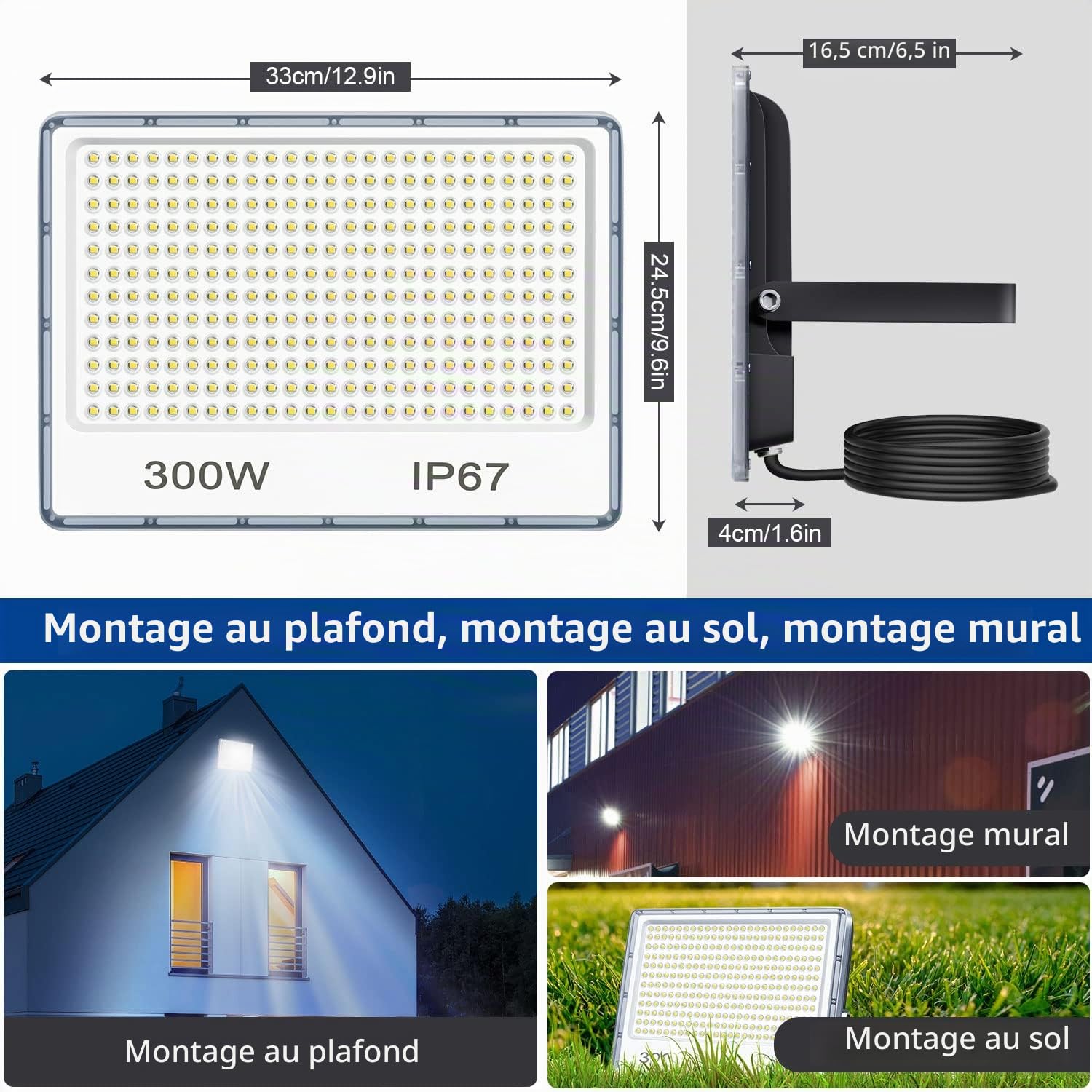 Projecteur LED Extérieur 300W 1 Pièce, 30000LM Spot LED Exterieur