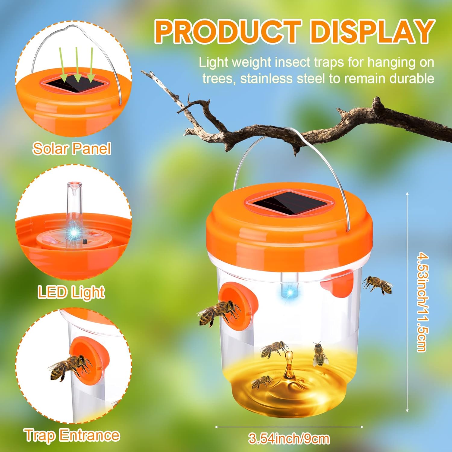 6 Pack Wasp Trap Solar Powered Bee Trap Reusable Fly Traps Outdoor Hanging Wasp Killer with UV LED Light Flying Insect Bee Killer for Indoor Outside Patio Home(Orange, Green, Yellow,6 Packs)