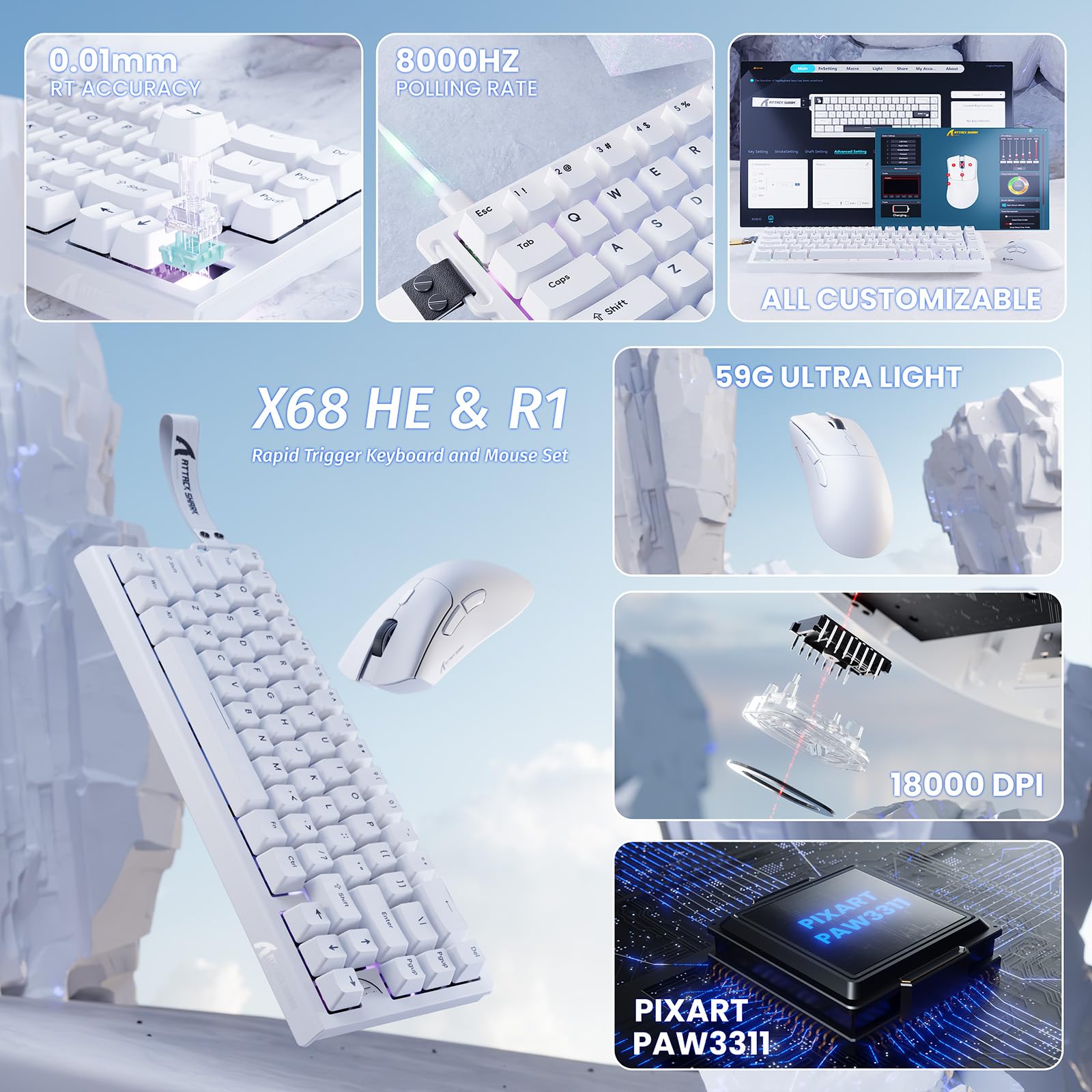 ATTACK SHARK X68 HE & R1 Combo Gaming Teclado y Ratón, Teclado 8000Hz con Cable Rapid Trigger, Precisión 0,01 mm, Snap Tap, 59g Ratón Inalámbrico Superlight, 18000DPI, BT/2.4G/USB-C, Blanco