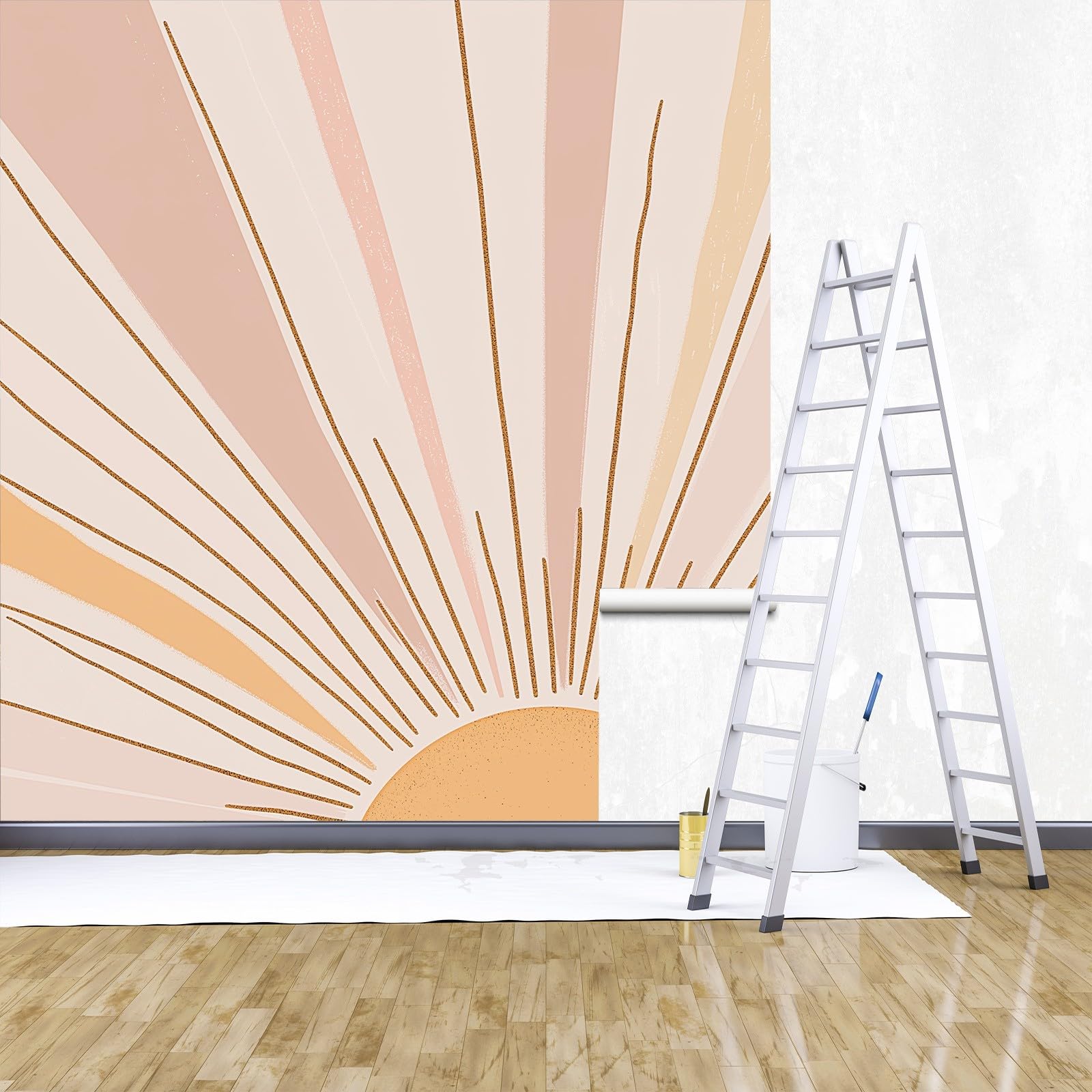 Tapeta ścienna, tęczowe linie słoneczne w stylu boho, fototapeta w stylu boho, tapeta ścienna, 400 x 280 cm (szer. x wys.), dekoracja ścienna, tapeta dekoracyjna, tapeta ścienna, tapeta do salonu