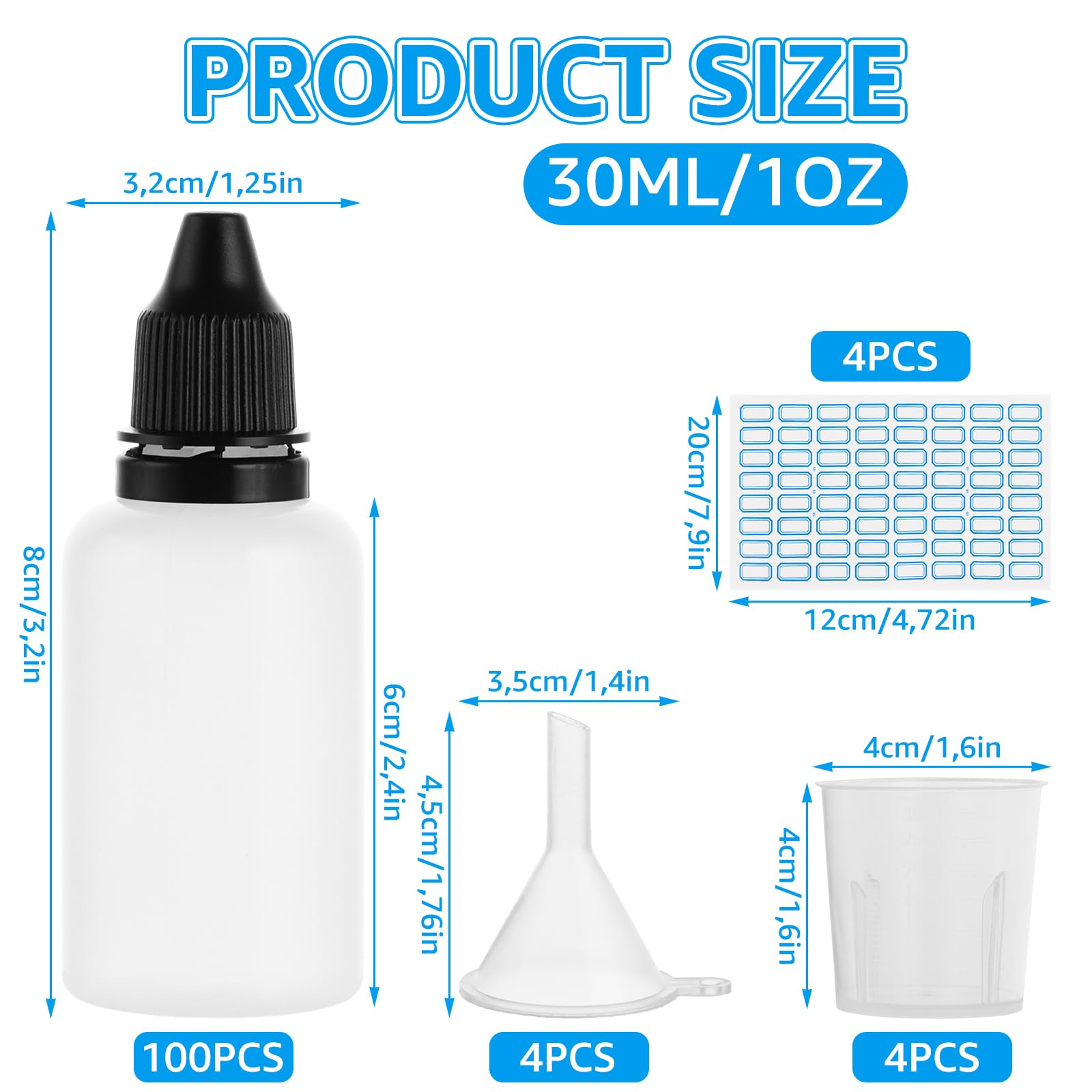 100 sztuk plastikowych butelek z kroplomierzem, 30 ml, puste butelki z kroplomierzem, elastyczne butelki na płyny do kosmetyków, olejków eterycznych, odczynników