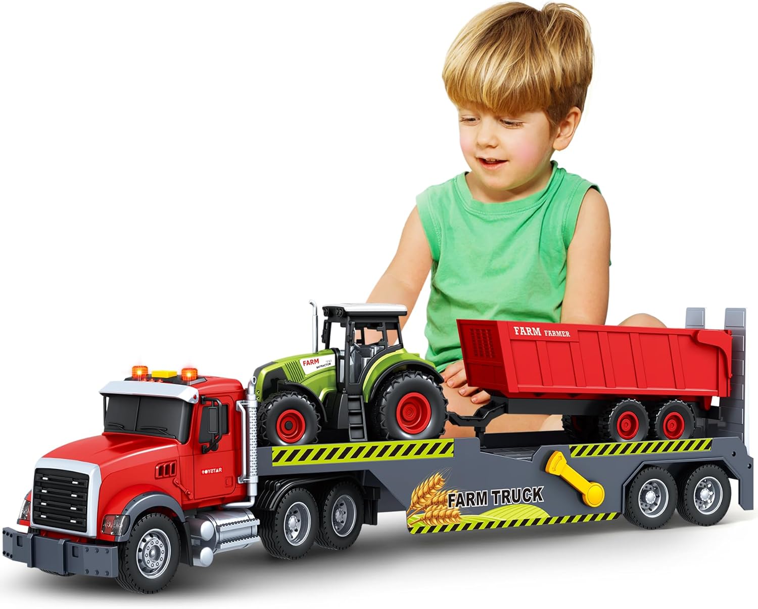 Toddler Boy Toys for 3 4 5 6 7 Years Kids, 21" Semi Flatbed Truck Toy with a Farm Truck, Friction Powered Vehicles Toys with Lights and Sounds, Birthday for Boy Girls