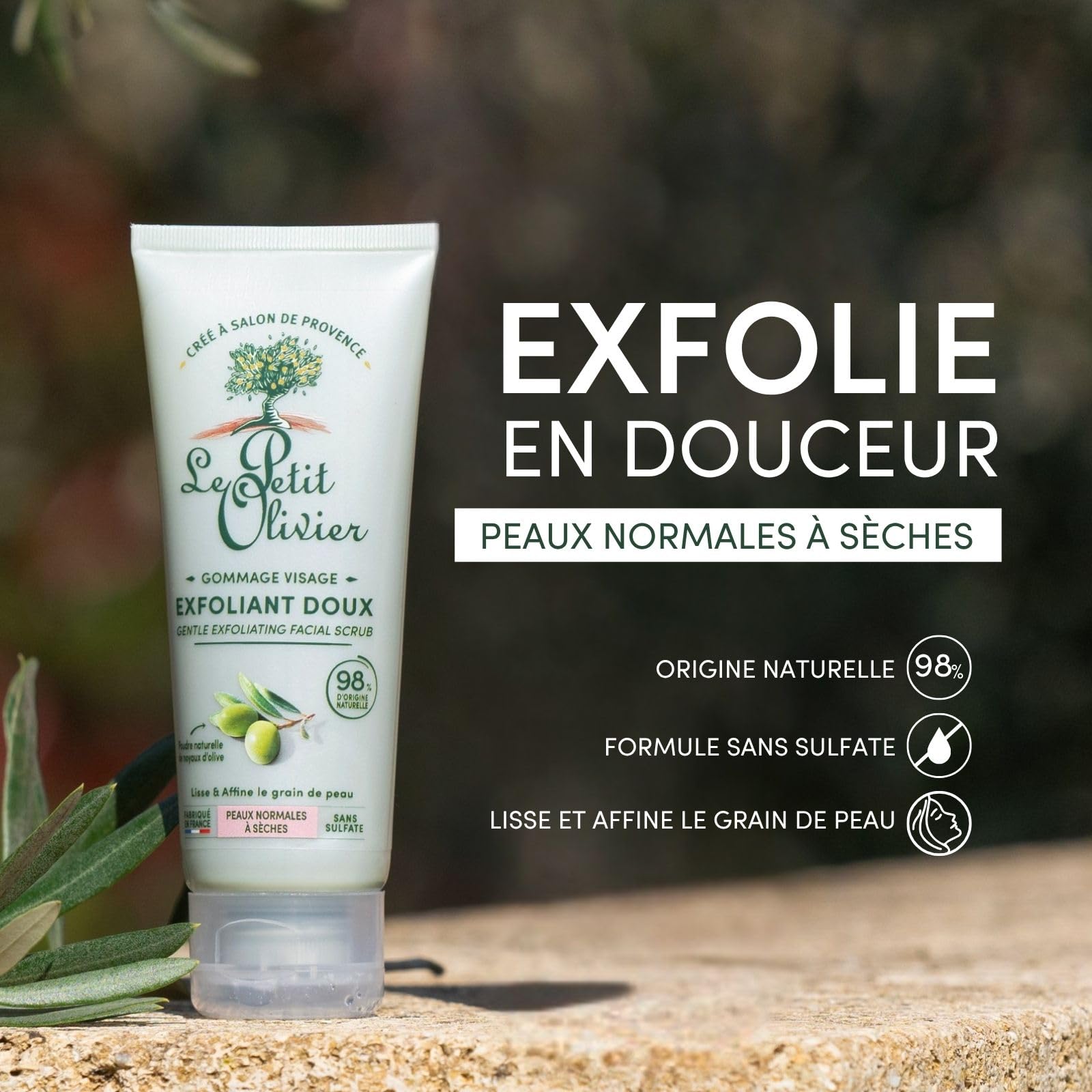 THE PETIT OLIVIER - Peeling do twarzy - Naturalny proszek z pestek oliwkowych - złuszcza i wygładza - normalna skóra sucha - 98% pochodzenia naturalnego - bez siarczanów - Wyprodukowano we Francji -