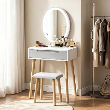 YOURLITE Dressing Table with LED Lights Mirror, Vanity Desk with Drawers | 3 Light Colors, Dimmable Brightness, Makeup Desk with Cushioned Stool Set for Bedroom - Grey