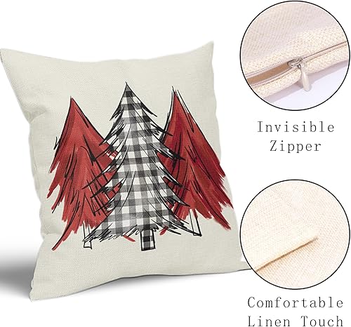 Miniatura 3 de Juego de 2 fundas de almohada con diseño de acuarela para árbol de Navidad de 16 x 16 pulgadas, color rojo, negro y blanco, a cuadros, para