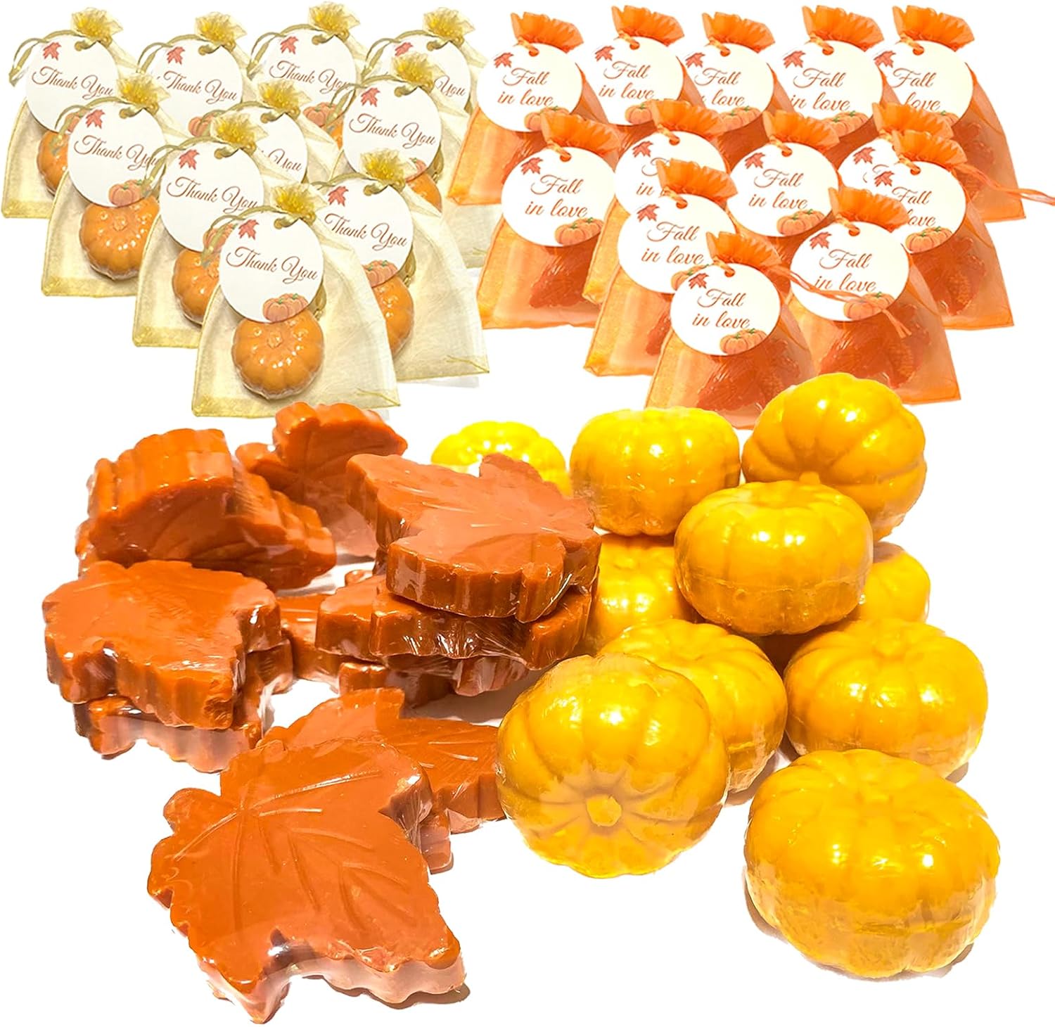 54 Sets Fall Bridal Shower Favors Decor Maple Pumpkin Soaps Fall in Love Wedding Autumn Thank You Gifts Bulk for Guest Women with Bags Cards Tags (54)